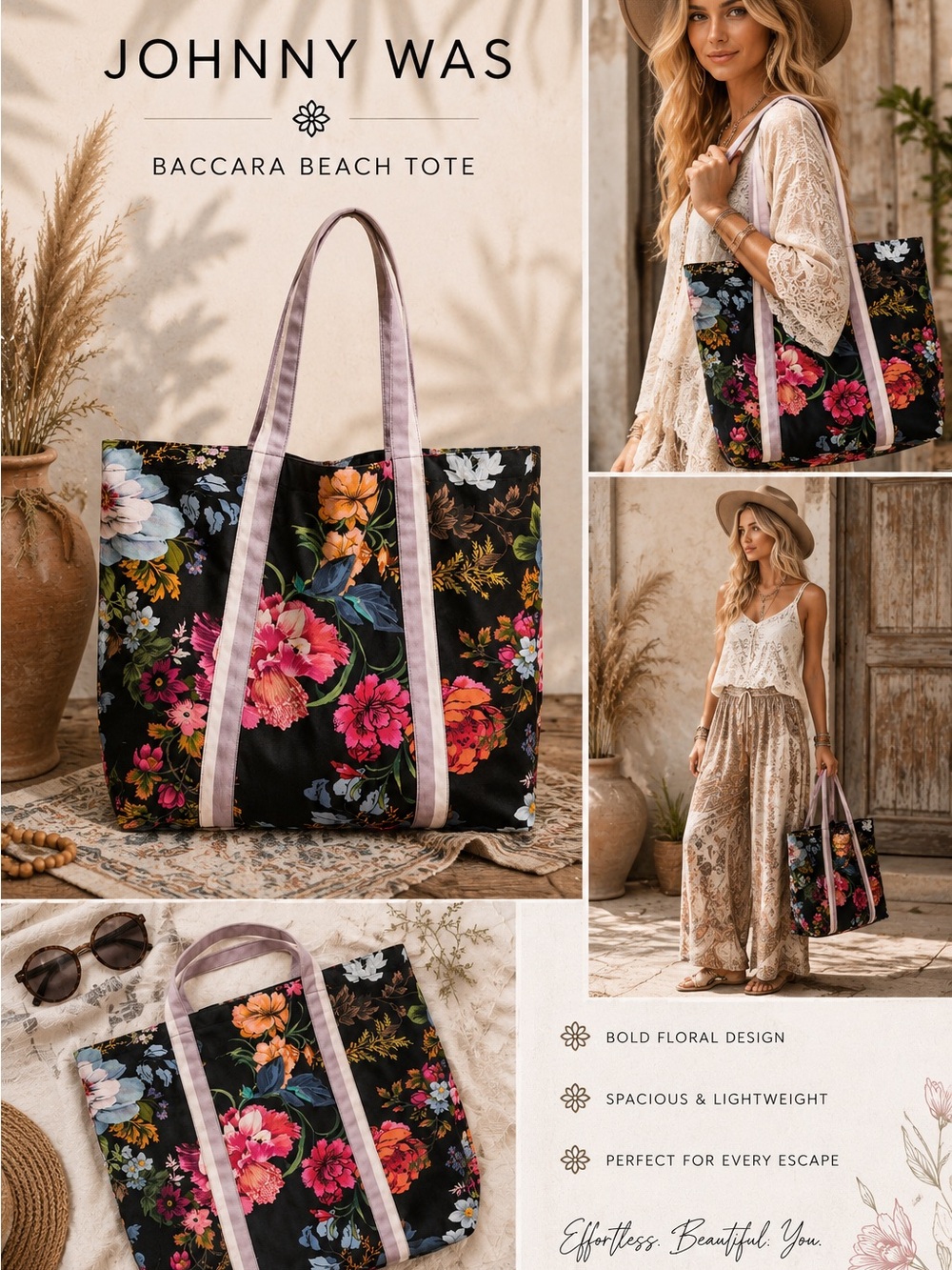 NWT Johnny Was Baccara Beach Tote – Floral Cotton Bag